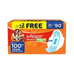 Whisper Choice Sanitary Regular Pads for Women, Regular, Pack of 20 Napkins