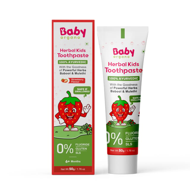 Babyorgano Herbal Kids Toothpaste, Non Gel, 50gm, with the goodness of Babool and Mulethi, Strawberry Flavour, Fluoride Free, SLS Free, 100% Ayurvedic, FDCA Approved