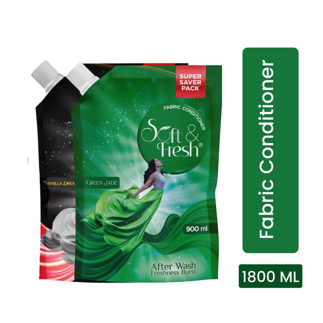 Soft & Fresh combo Pack of Green Jade & Vanilla Dreams 2X900ml, best fabric conditioner softener increase freshness and softness 900ml refill pouch Pack of 2