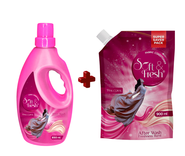 Soft & Fresh Pink Coral Fabric Conditioner Combo [Bottle + Pouch] (850ml+900ml) increase freshness and softness