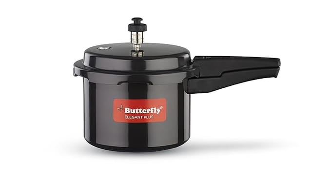 Butterfly Elegant Plus Induction Base Hard Anodised Aluminium Outer Lid Pressure Cooker, 5 litres, Black