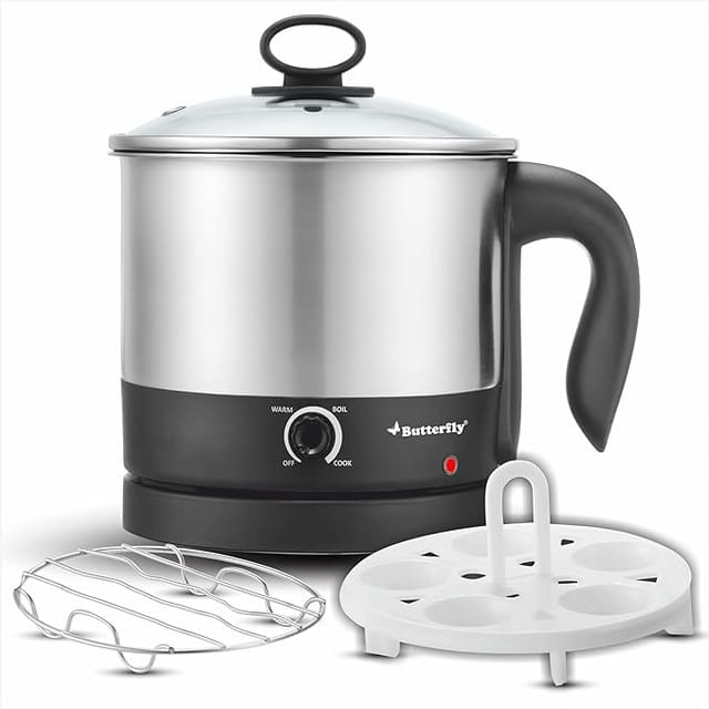 Butterfly Stainless Steel Matchless Multi Kettle 1.2 Liter - With Egg Rack + Ss Rack, 600 Watts