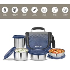 Milton Tasty 3 Stainless Steel Combo Lunch Box, 3 Containers (200 ml, 320 ml, 500 ml) and 1 Tumbler, 380 ml, Blue | Leak proof | Easy to carry | Odour Proof | Food Grade | Easy to Clean