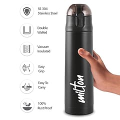 Milton New Crown 600 Thermosteel Hot or Cold Water Bottle, 500 ml, Black | Easy to Carry | Office Bottle | Hiking | Trekking | Travel Bottle | Gym | Home | Kitchen Bottle