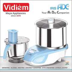 Vidiem IRIS ADC Wet Grinder ST 327 A (White & Blue) | Wet Grinder 2 Litre with 1 Mult Chef jar for Slicing, Atta kneading, Citrus juicing, Coconut scrapping & Grating | 5 Years Warranty