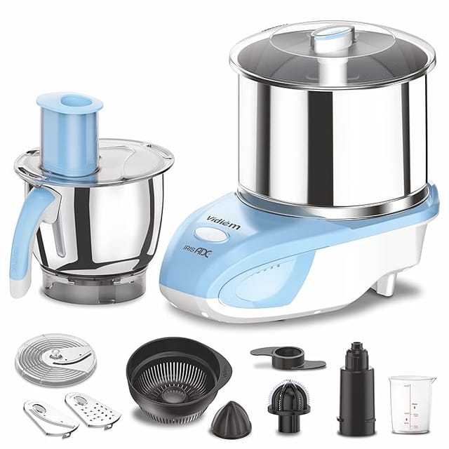 Vidiem IRIS ADC Wet Grinder ST 327 A (White & Blue) | Wet Grinder 2 Litre with 1 Mult Chef jar for Slicing, Atta kneading, Citrus juicing, Coconut scrapping & Grating | 5 Years Warranty