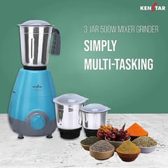 KENSTAR ROBUSTO 500 Watt | 3 Stainless Steel Mutlitfunctional Jar | Mixer Grinder_Blue & Grey