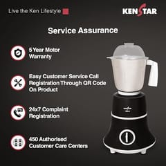 Roll over image to zoom in      Kenstar KLOVE -750 Watt, 3 Jar Mixer Grinder With Power Plus Turbo Motor (5 Year warranty on Motor), Dark Grey & White