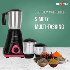 KENSTAR TUFEE 500 Watt | 3 Stainless Steel Mutlitfunctional Jar | Mixer Grinder_Black & Pink