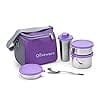 SOPL-OLIVEWARE Oliveware Milano Lunch Box, 3 Stainless Steel Containers And Sipper (300Ml, 450Ml, 600Ml & 400Ml), Steel Spoon, Leak Proof Full Meal & Easy To Carry (Purple), 450 Milliliter