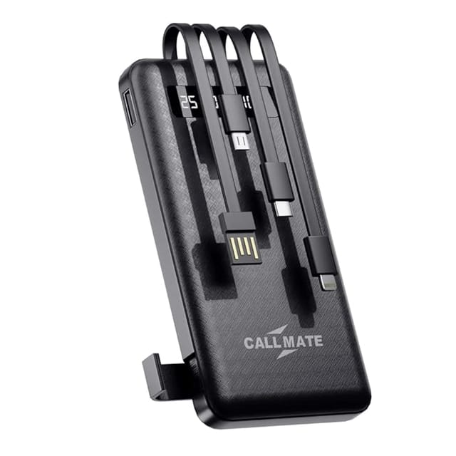 Callmate 10000mAh Power Bank with Mobile Holder, 15W Fast Charging| Buit-in 4-in-1 Cables | 4 Output Ports and 3 Input | Digital Display | LED Torch (Black, Lithium Polymer)