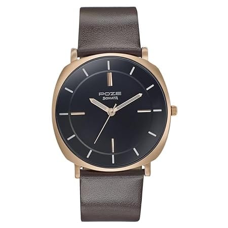 Sonata Poze Quartz Analog Black Dial Leather Strap Watch for Men-SP70002WL01