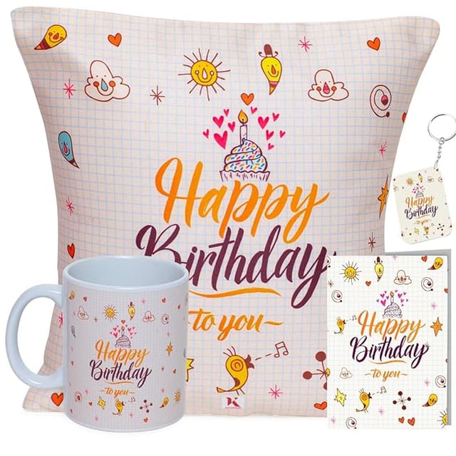 Kaameri Bazaar Happy Birthday to You Gift for Mother | Birthday Gift for Brother | Combo Pack (12" x 12" Cushion Cover with Filler, Coffee Mug, Greeting Card, Key Ring) Polyester…