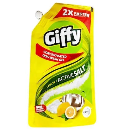 Giffy Liquid Dish Wash Gel with Active Salt & Lemon| 2x Faster Tough Grease Removal & Natural Fragrance| Removes Odour| Easy Lather & Rinse Off| Leaves No White Residues| Hand-Safe