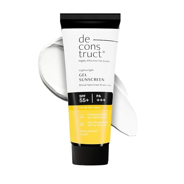 Deconstruct Face Gel Sunscreen SPF 55+ and PA+++ | Gel based sunscreen for oily skin, combination skin, normal skin | Broad spectrum sunscreen, No White Cast, Lightweight, Non greasy | Higher protection than sunscreen SPF 50 - 50g