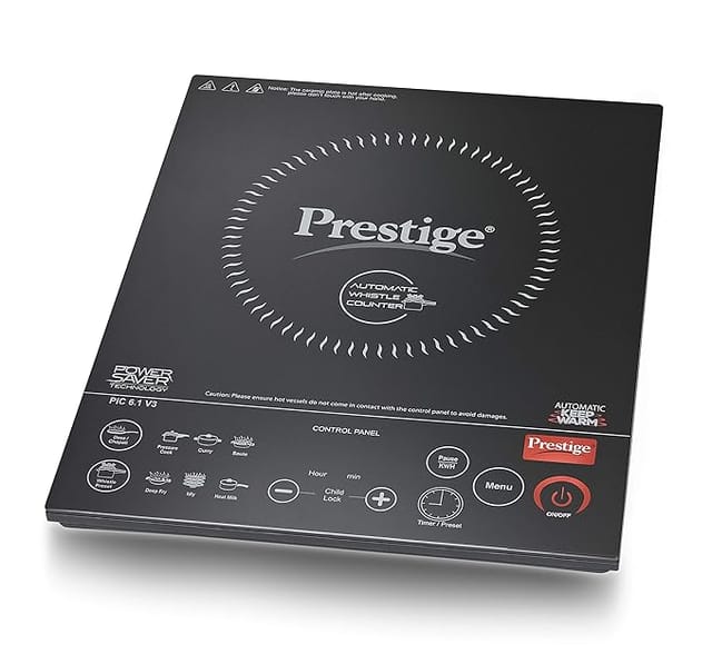 Prestige PIC 6.1 V3 PIC 2200 Watts Induction Cooktop | Black | Automatic Whistle Counter | Feather Touch Buttons | Keep Warm Function| Dual Heat Sensor