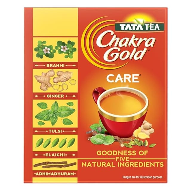 TATA Tea Chakra Gold care Dust Tea| Goodness Of Five Natural Ingredients| Brahmi, Ginger, Tulsi, Elaichi & Adhimadhuram | Flavoured Black Tea |250 grams