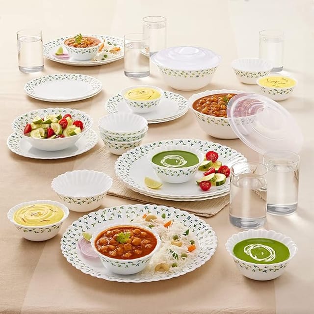 Larah By Borosil Sage Silk Series Opalware Dinner Set with Glasses,35 Pieces for Family of 6,Microwave & Dishwasher Safe,Bone-Ash Free,Crockery Set for Dining & Gifting, Plates & Bowls, White,Floral