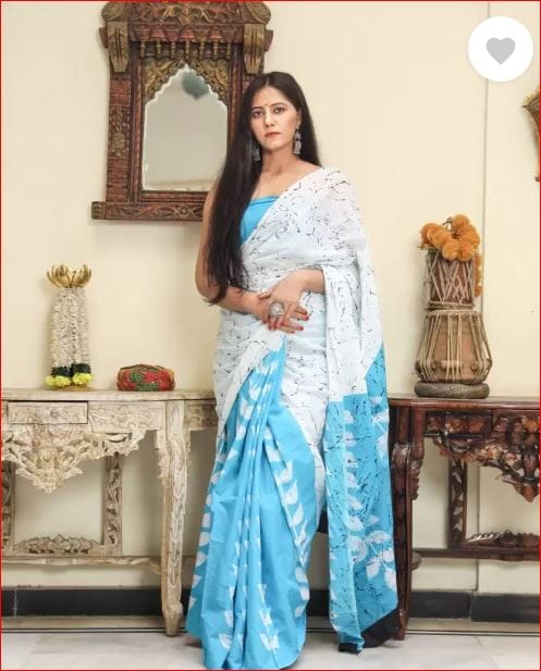 Printed, Blocked Printed, Floral Print, Color Block, Hand Painted, Dyed Daily Wear Pure Cotton Saree  (Light Blue)