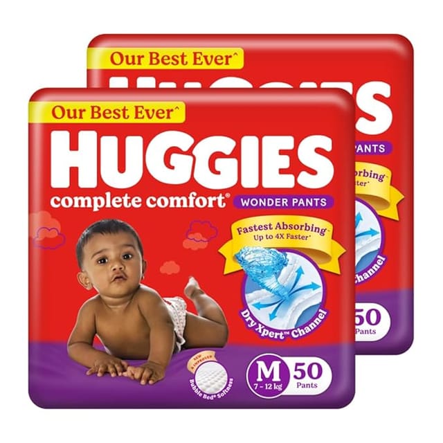 Huggies Complete Comfort Wonder Pants | Pant Style Baby Diapers M Size, 100 Count | India's Fastest Absorbing Diaper, Patented Dry Xpert Channel, Ideal for 7 to 12 Kgs