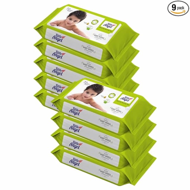 Little Angel Super Soft Cleansing Baby Wipes, 648 Count, Enriched with Aloe vera & Vitamin E, pH Balanced, Dermatologically Tested & Alcohol-free, Pack of 9, 72 count/pack