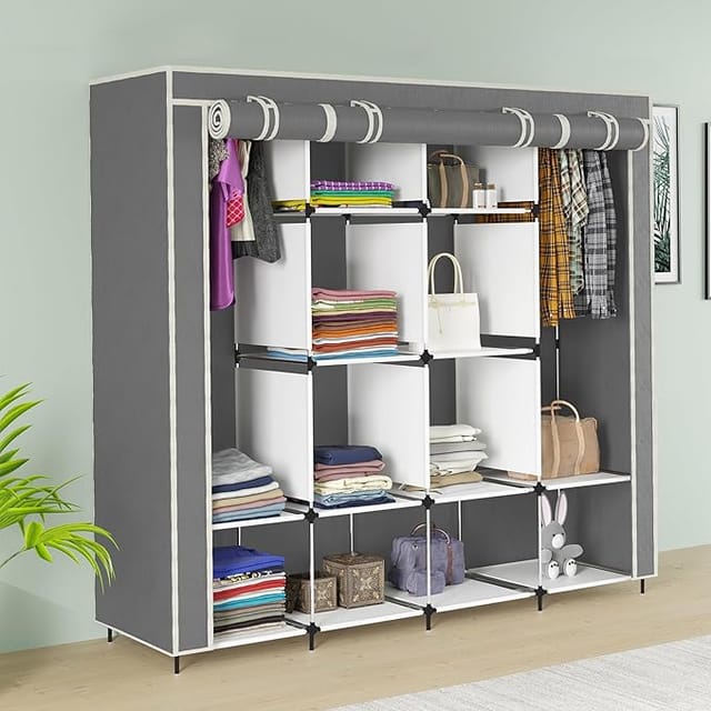 GTC 12 Shelves Fancy Layer Collapsible Wardrobe Portable Almirah Foldable Racks for Clothes Cupboard Cloth Organizer Non Rustable Iron and PP Plastic (Self Assemble) (88270) (Grey)