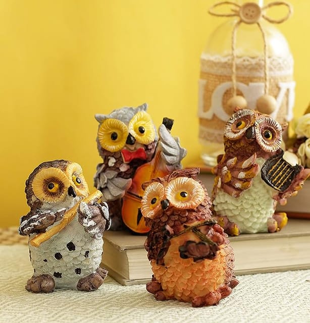 TIED RIBBONS Set of 4 Owls Playing Musical Instruments Showpiece Figurines Garden Statues Decoration Items for Home Outdoor Decorations (Multicolor)