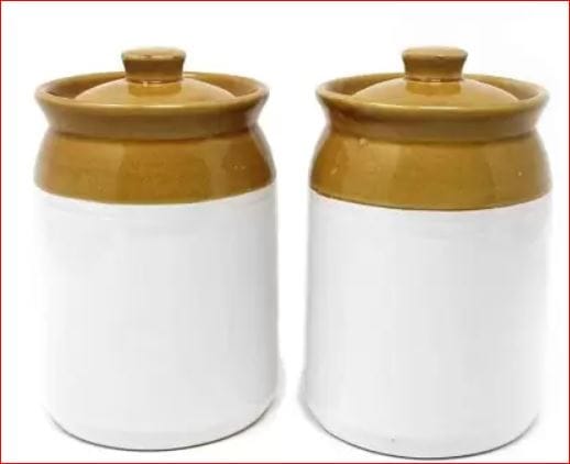 T R Creation Ceramic Grocery Container - 1000 ml  (Pack of 2, Brown, White)