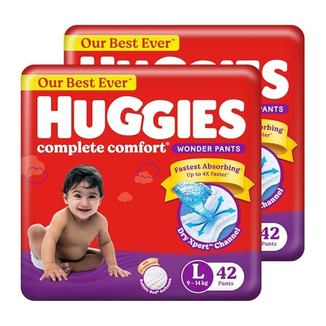 Huggies Complete Comfort Wonder Pants | Pant Style Baby Diapers L Size, 84 Count | India's Fastest Absorbing Diaper, Patented Dry Xpert Channel, Ideal for 9 to 14 Kgs