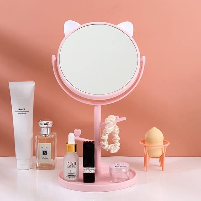 Mockery Desk Mirror in Cute Cat Ears Shape Vanity Mirror for You in Bathroom or Bedroom, Desk Mirror for Makeup & Freestanding Mirror, Folding Design for Tabletop (Pastel Pink)