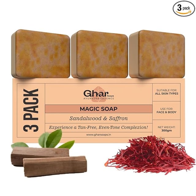 Ghar Soaps Sandalwood & Saffron Magic Soaps For Bath (300 Gms Pack Of 3) | Paraben Free | Chandan & Kesar Bath Soap | Handmade Soaps For Glowing | Skin Brightening Soap For Men & Women