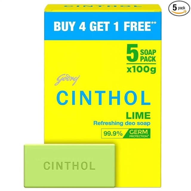 Cinthol Lime Soap, 100g (Pack of 5) - 99.9% Germ Protection | Lime Fresh Fragrance | Soaps For Bath Grade 1 Soap | For All Skin Types