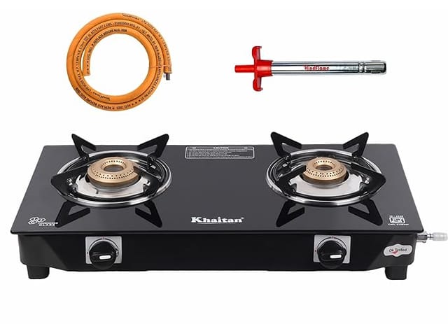 Khaitan Combo - 1 unit Khaitan 2 Burner Nano Premium Tougned Glass Gas Stove + 1 unit HF Kitchen Lighter + 1 unit HF LPG Hose Pipe (1.5 mtr) (1 Burner) (2 Burner)