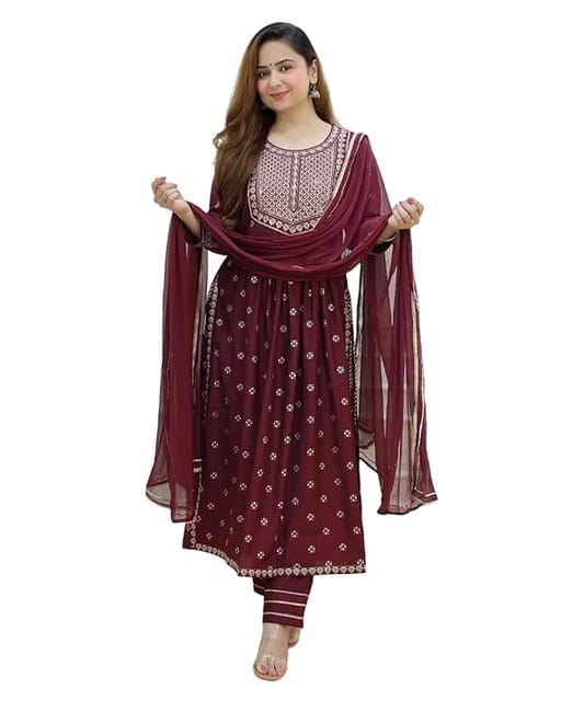 WNESY Women's Rayon Printed Wine Embrodery Kurti With Pant & Dupatta Set