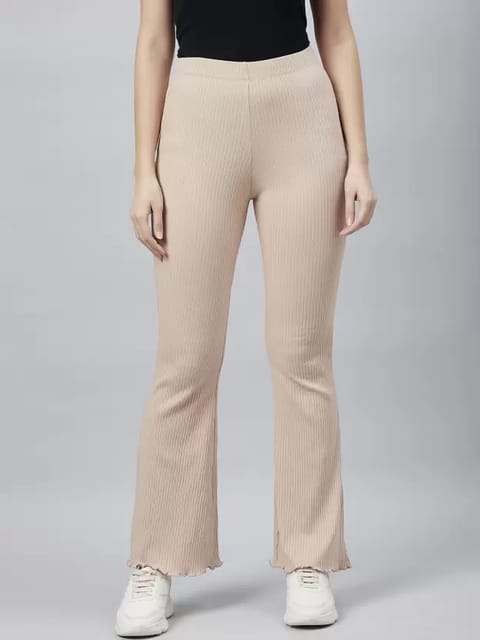 Women Flared Beige Cotton Blend Trousers