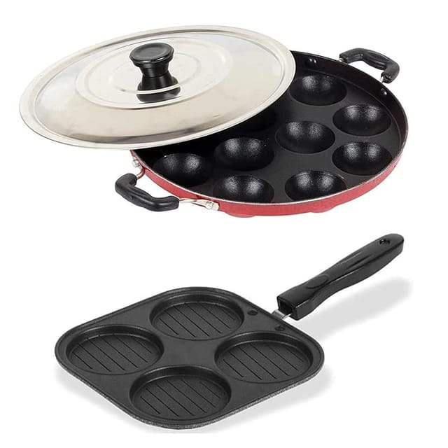 SWAURSAHA Non-Stick 4 Cavity Mini Grill Uttapam Pan & 12 Cavity Aluminum Appam Patra with Stainless Steel Lid