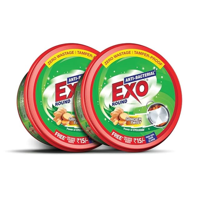 Exo Round Dishwash Bar 700G Set Of 2 With Exo Super Scrubber Free Complete Dishwashing Solution With Anti-Bacterial Efficacy & Goodness Of Ginger Remove Tough Grime Stains With Ease.