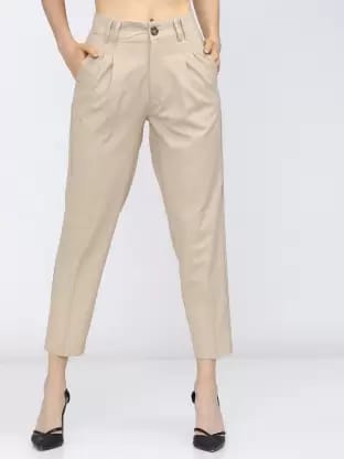 Women Tapered Beige Cotton Blend Trousers