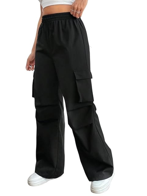 GRECIILOOKS Cotton Solid Side Pockets Parachute Cargo Baggy Pant for Women