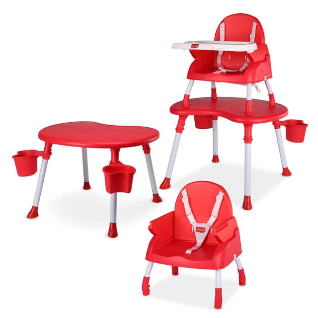 Play Video LuvLap 4 in 1 Convertible Baby High Chair with 3 Point Safety Belts, High Chair, Low Chair, Booster Chair and Table for Baby, Removable & Washable Food Tray 6 Months+ (Red)