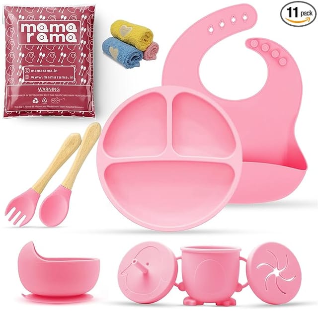 Mamarama 11 Piece Silicone Baby Feeding Set, Complete Mealtime Essentials, Includes Suction Bowl, Plate, Cup with Straw & Snack Lid, Fork, Spoon, Bib, and 3 Napkins for Babies and Toddlers (Pink)