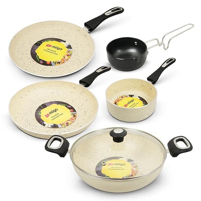 Click to open expanded view   VIDEO     4+ Impex 6 Pcs Nonstick Granite Cookware Set | 3 mm Thickness | Induction Bottom Cookware Set, Nonstick Cookware Set of Frypan, Kadai Pan, Tawa Pan, Tadka Pan and Milk Pan | 1 Year Warranty