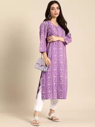 Women Printed Cotton Blend Straight Kurta  (Purple)