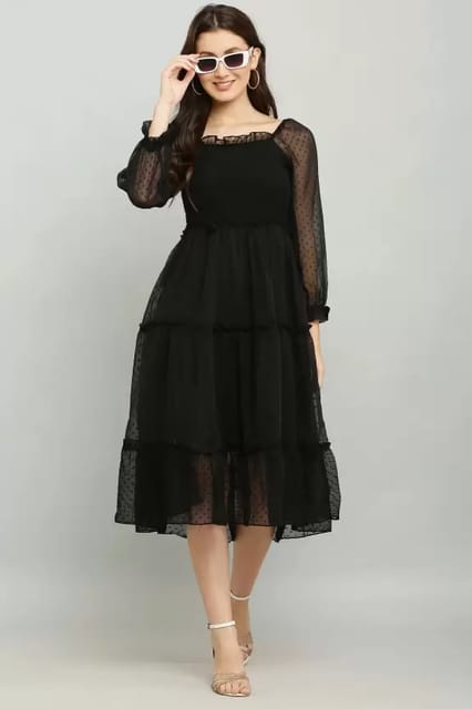 Women Ruffled Black Dress